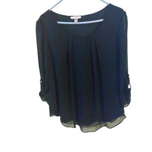 Timeless Sheer Overlay Blouse Roz & Ali Black Lined 3/4 Up Sleeve Minimalist 1X